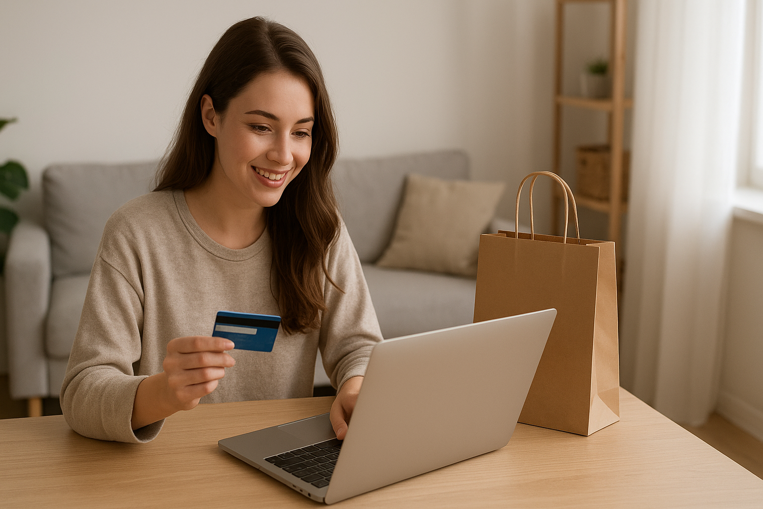 Woman shopping online with a laptop and credit card at home